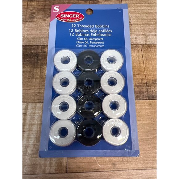 SINGER Class 66 Threaded Transparent Bobbins #30027 Black & White, 12-Count - Picture 1 of 3
